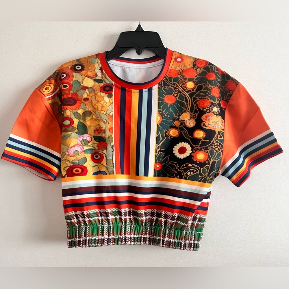 Haphazard orange Floral Stripe Eco-Poly Short Sleeve Cropped Pullover